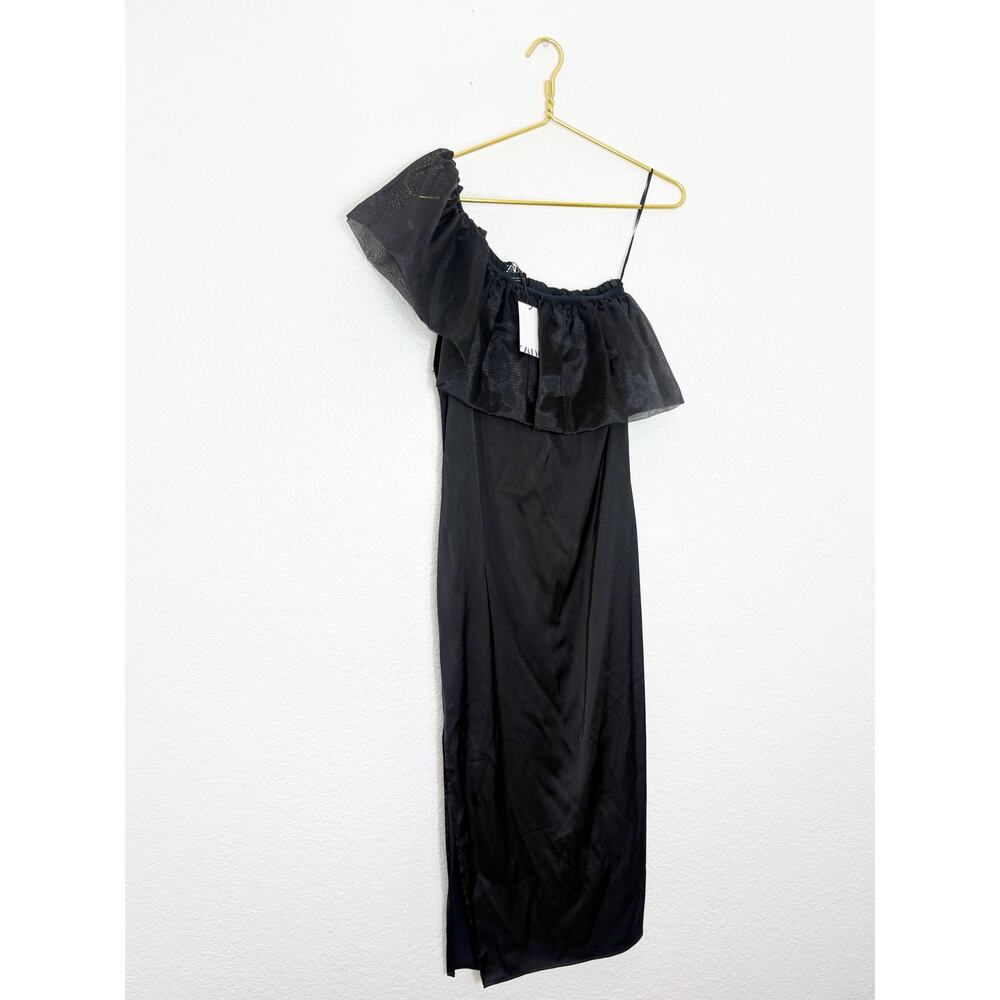 Zara Black Satin Midi Dress Organza Ruffle Puff Sleeve Medium 8779/462 NWT - Picture 3 of 13